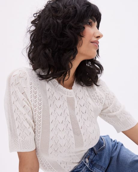 Elbow-Sleeve Crew-Neck Sweater with Pointelle Stitches