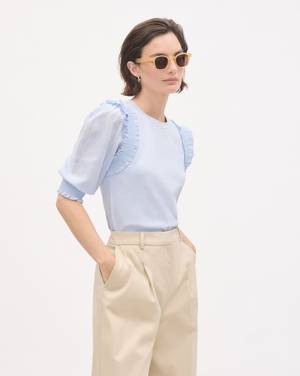 Haut Bimatière à Col Rond à Manches aux Coudes Bouffantes