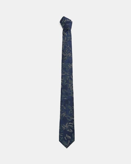 Regular Navy Tie with Green Floral Pattern