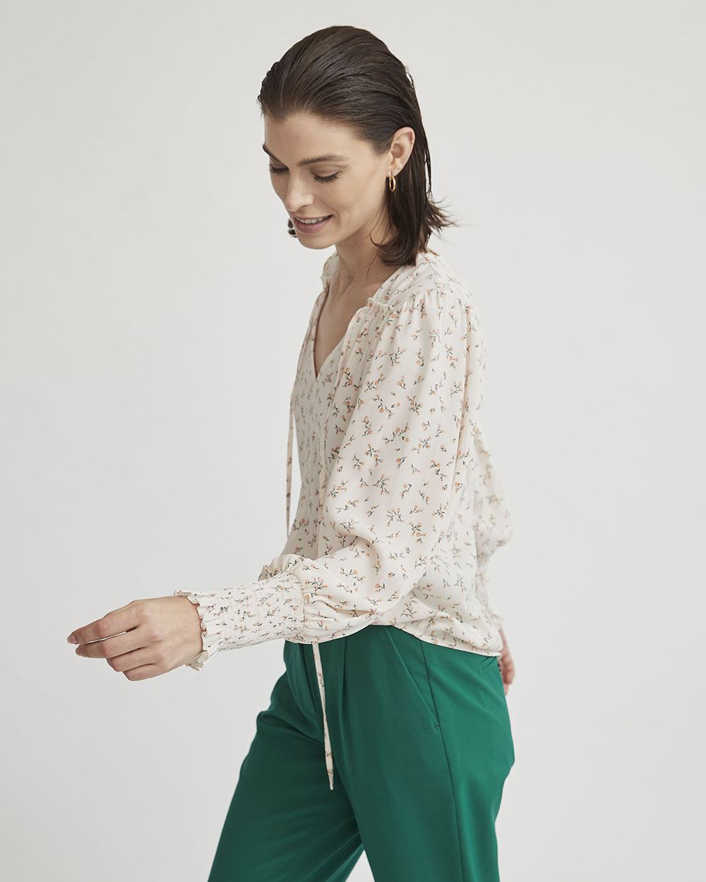 Floral Twist Twill Long Puffy Sleeve V-Neck Blouse with Tie