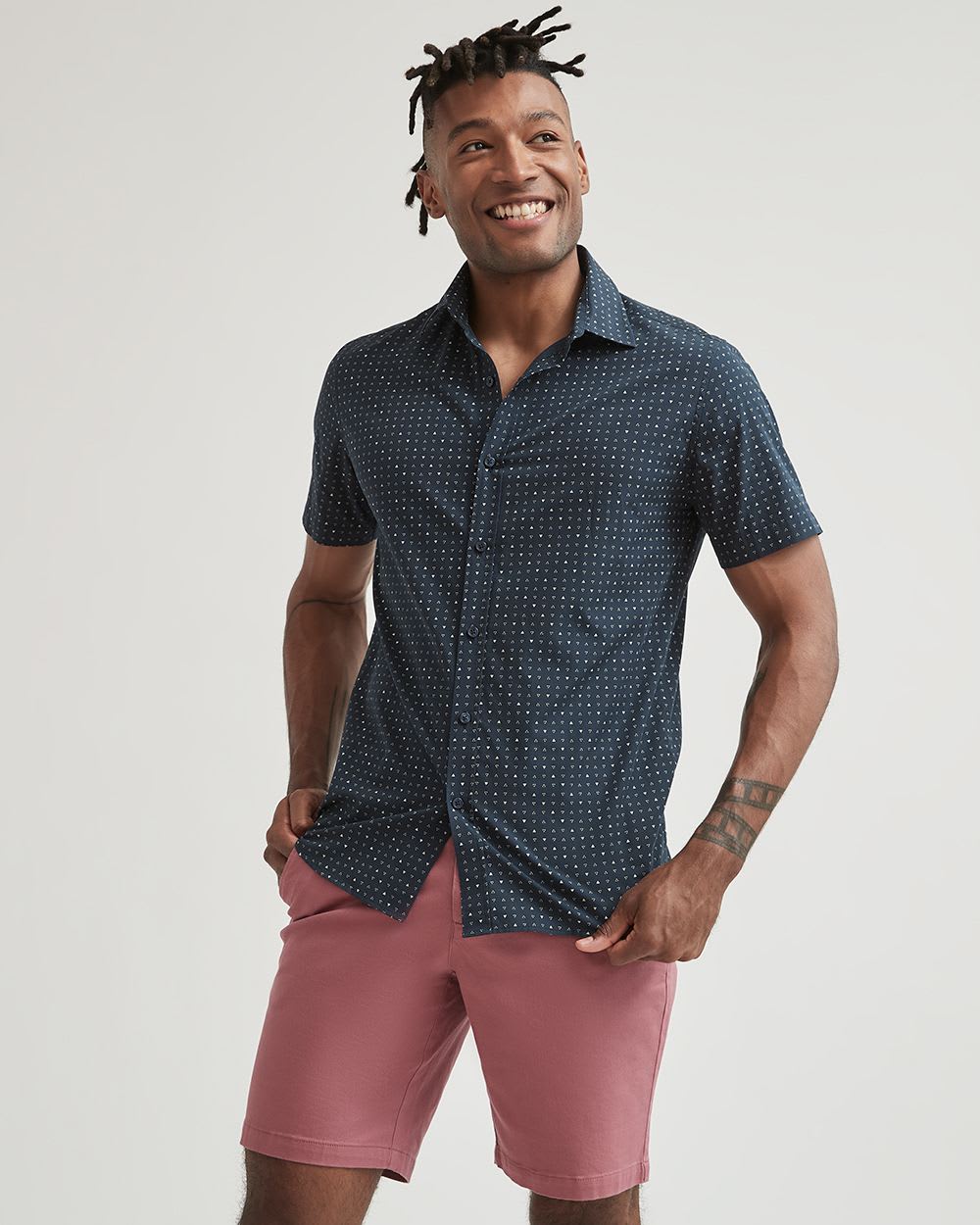 Short-Sleeve Cotton Slim Shirt with Geo Pattern | RW&CO.