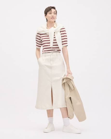 Puffy-Elbow-Sleeve V-Neck Striped Polo