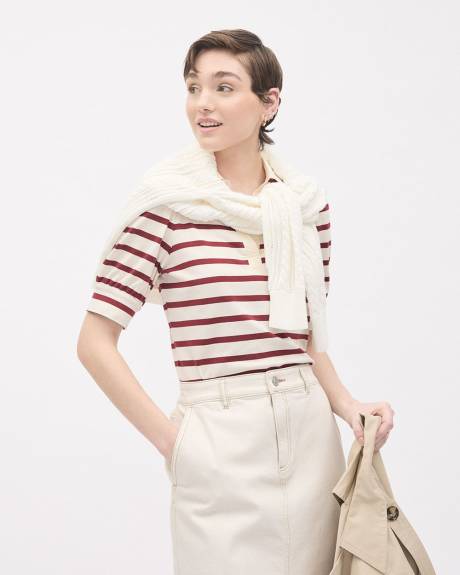 Puffy-Elbow-Sleeve V-Neck Striped Polo
