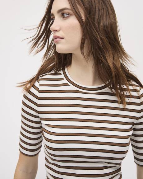 Striped Elbow-Sleeve Crew-Neck Fitted Tee