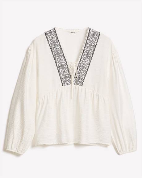 Blouse à Manches Longues Bouffantes et Col V avec Broderies