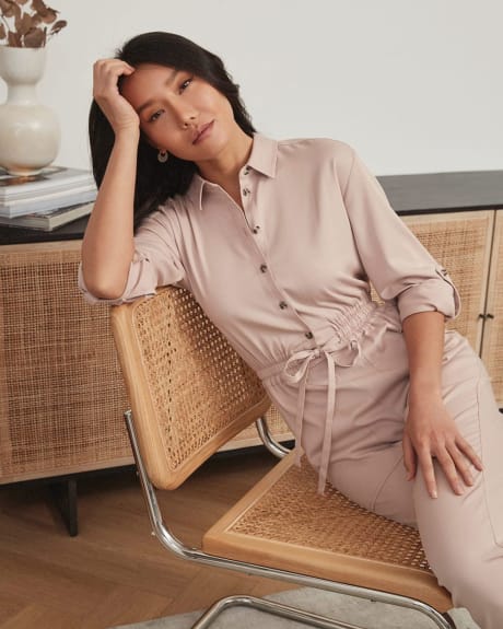 Long-Sleeve Jumpsuit with Shirt Collar and Drawstring Waist
