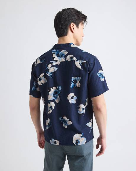 Chemise Fleurie &agrave; Manches Courtes et Col Camp en M&eacute;lange de Lin