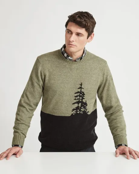 Crew Neck Pullover Sweater with Tree Pattern