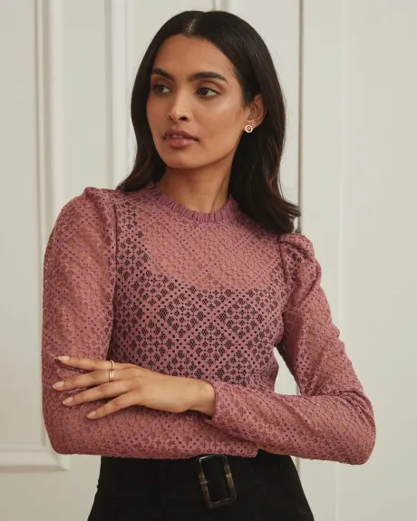 Long Puffy Sleeve Lace Top with Neck Frills