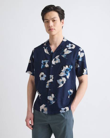 Chemise Fleurie &agrave; Manches Courtes et Col Camp en M&eacute;lange de Lin