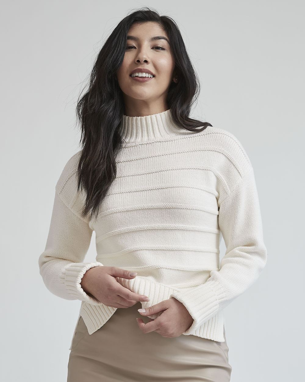 Horizontal Knit Stitch Mock-Neck Sweater