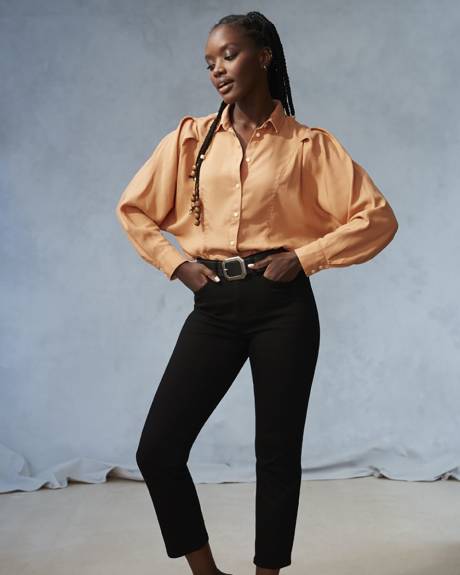 Lyocell Button-Down Blouse with Long Puffy Sleeves