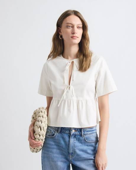 Elbow-Sleeve Peplum Blouse with Self-Ties at Front