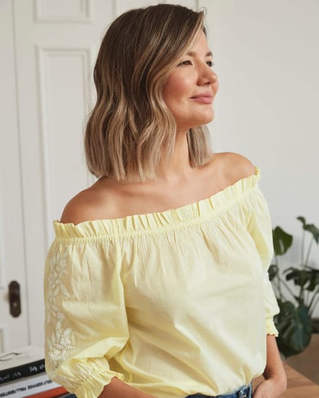 Cotton Voile Off-the-Shoulder Popover Blouse with Embroidered Sleeves