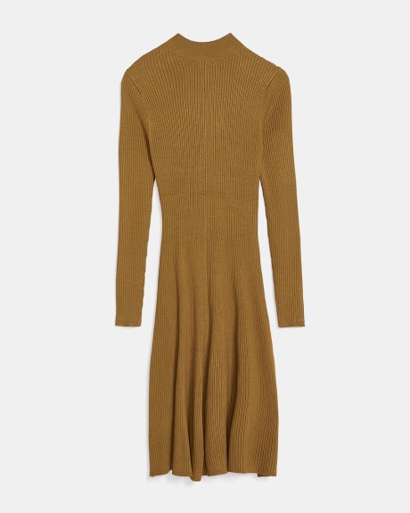 Ribbed Knit Fit and Flare Sweater Dress with Buttons