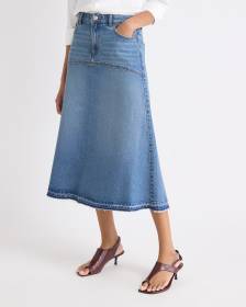 Midi Medium-Wash Flare Denim Skirt