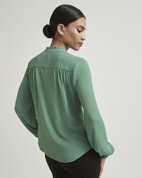 Silky Crepe High-Neck Buttondown Blouse with Ruffles