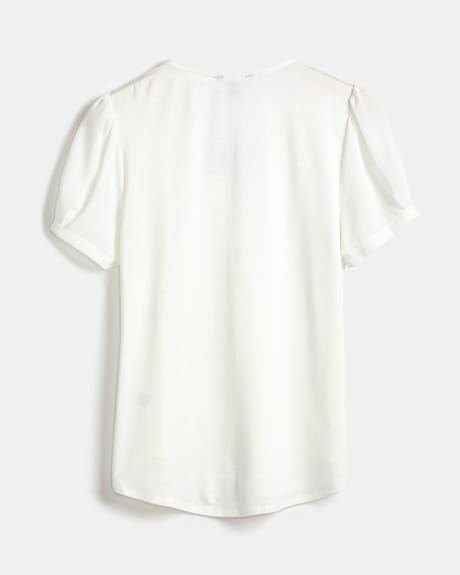 Mix Media V-Neck T-Shirt with Short Puffy Sleeves