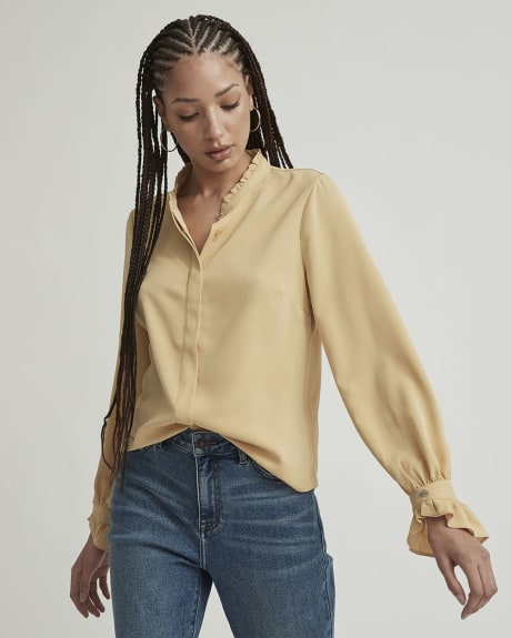 Twist Twill Long Sleeve Mock-Neck Buttoned Blouse with Pleated Cuffs