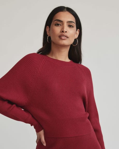 Plaited Ribbed Knit Crew Neck Sweater with Dolman Sleeves