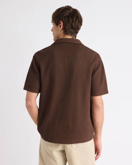 Short-Sleeve Open-Stitch Shirt with Camp Collar