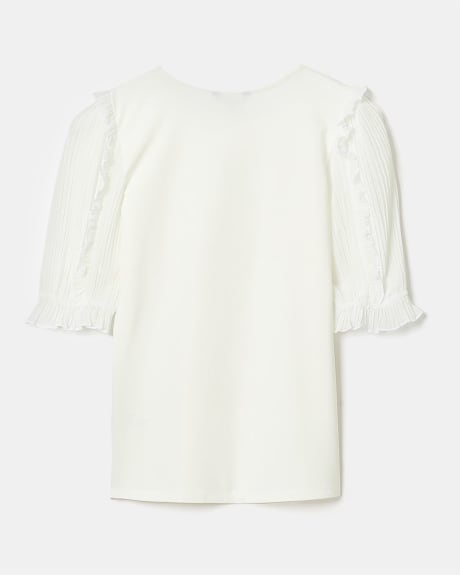 Mixed Media Crew-Neck T-Shirt with Frilled Chiffon Sleeves