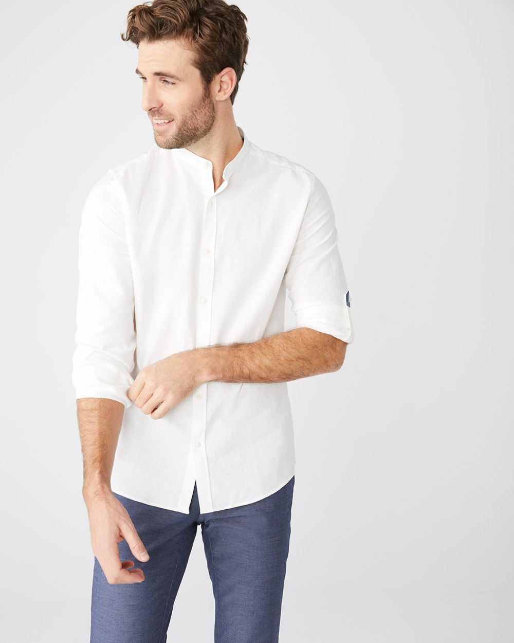 Tailored Fit white linen-blend Shirt with Mandarin collar | RW&CO.