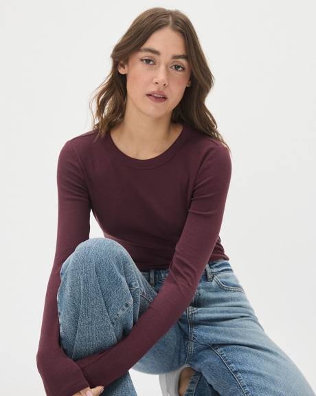 T-Shirt Ajust&eacute; Uni &agrave; Manches Longues et Col Rond