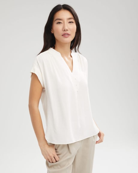 Split Neck Popover Blouse with Pleated Shoulders