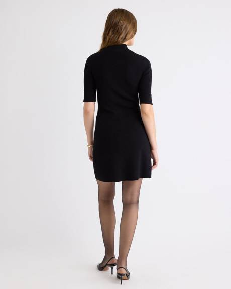 Elbow-Sleeve Mock-Neck Mini Sweater Dress
