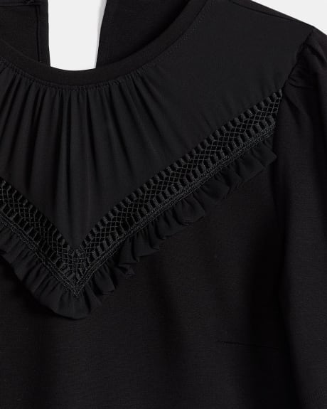 Mix Media Shirred Elbow Sleeve Crew-Neck T-Shirt with Frilled Chest Detail