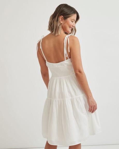 White Cotton Voile Sleevleess V-Neck Beach Dress with Waist Smocking