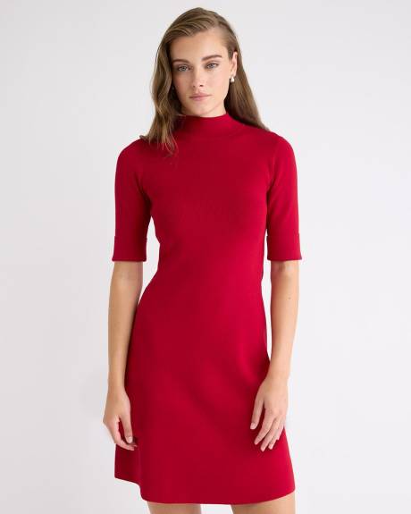 Elbow-Sleeve Mock-Neck Mini Sweater Dress