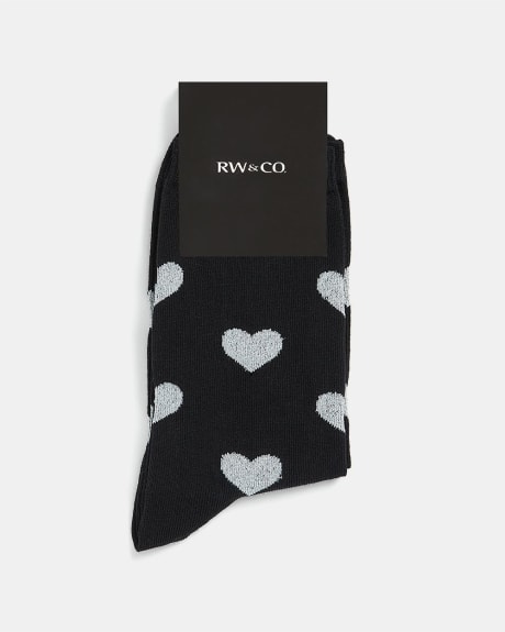 Black Crew Socks With a Silver Heart Pattern