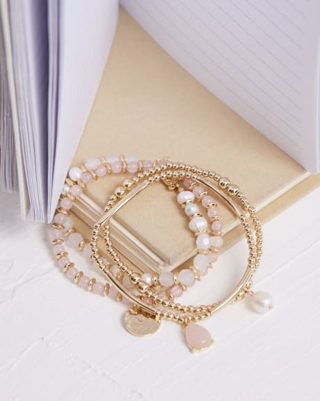 Elastic Bracelets with Pink Quartz and Pearls - Set of 4