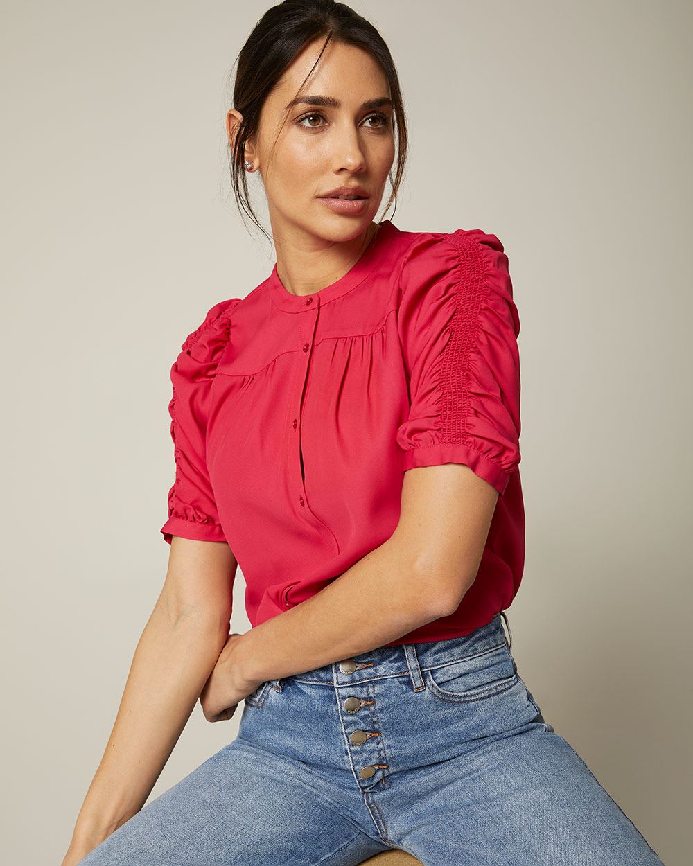 Short puffy sleeve button-down blouse | RW&CO.