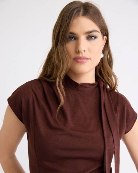 Extended-Sleeve Mock-Neck Top with Tie