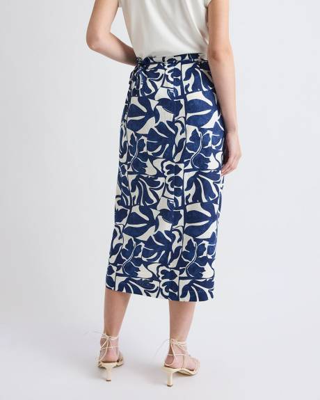 Linen-Blend Straight Midi Skirt with Wrap Front