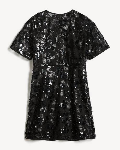 Robe Cocktail Mini à Paillettes à Manches Courtes