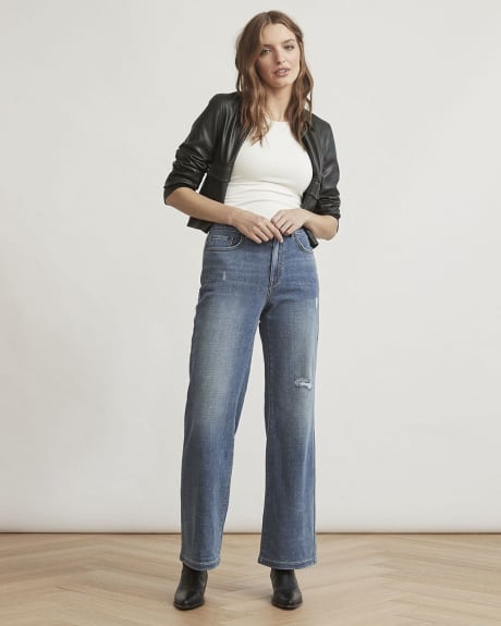 Jeans Légèrement Troués à Taille Haute et Jambe Large