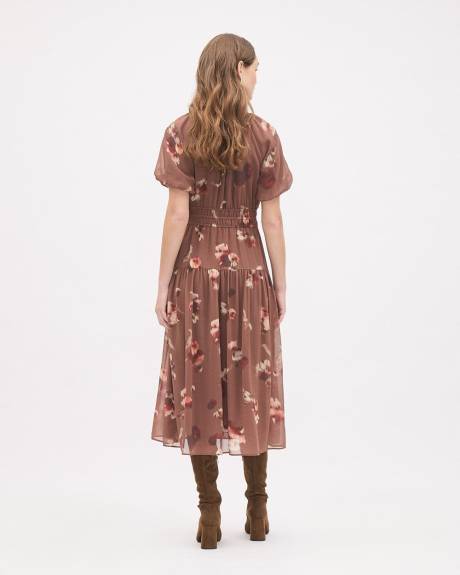 Short-Puffy-Sleeve Midi Dress with Crew Neckline