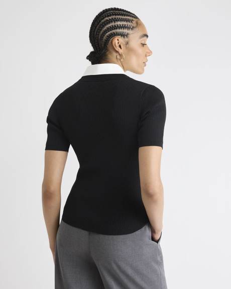 Elbow-Sleeve Ribbed Sweater with Removable Shirt Collar