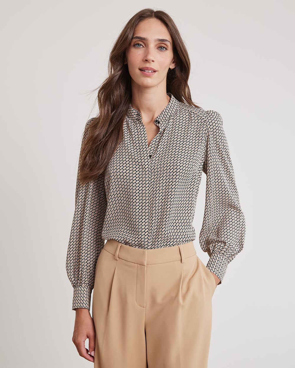 Long-Sleeve Buttoned-Down Silky Crepe Blouse | RW&CO.