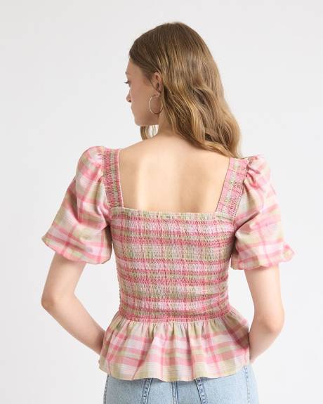 Smocked Peplum Blouse with Short Puffy Sleeves