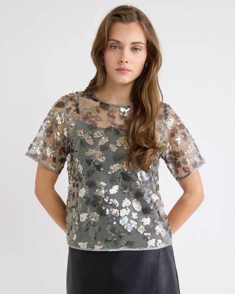 Short-Sleeve Crew-Neck Sequins Popover Blouse