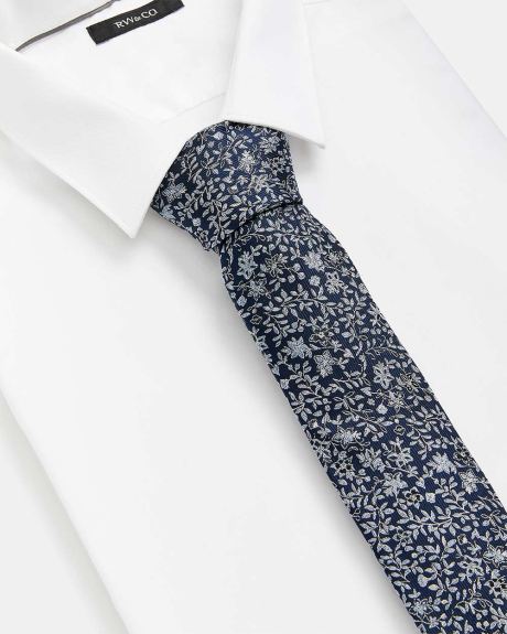 Cravate Régulière Marine à Motif Floral Bleu