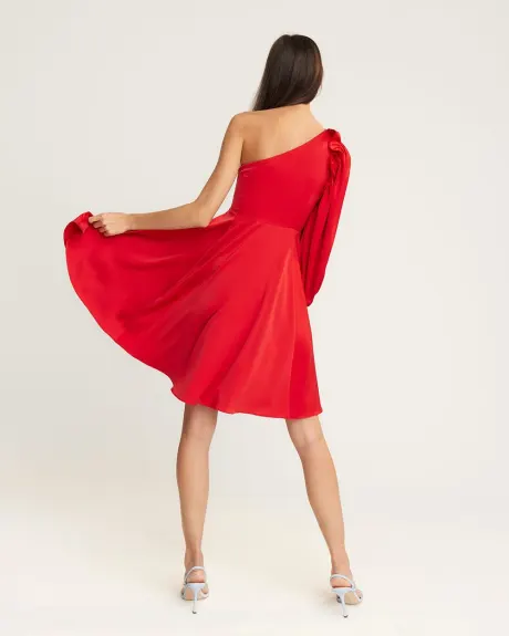 Puffy Long Sleeve One-Shoulder Satin Cocktail Dress