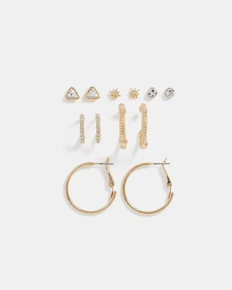 Golden Hoop and Stud Earrings - 6 Pairs