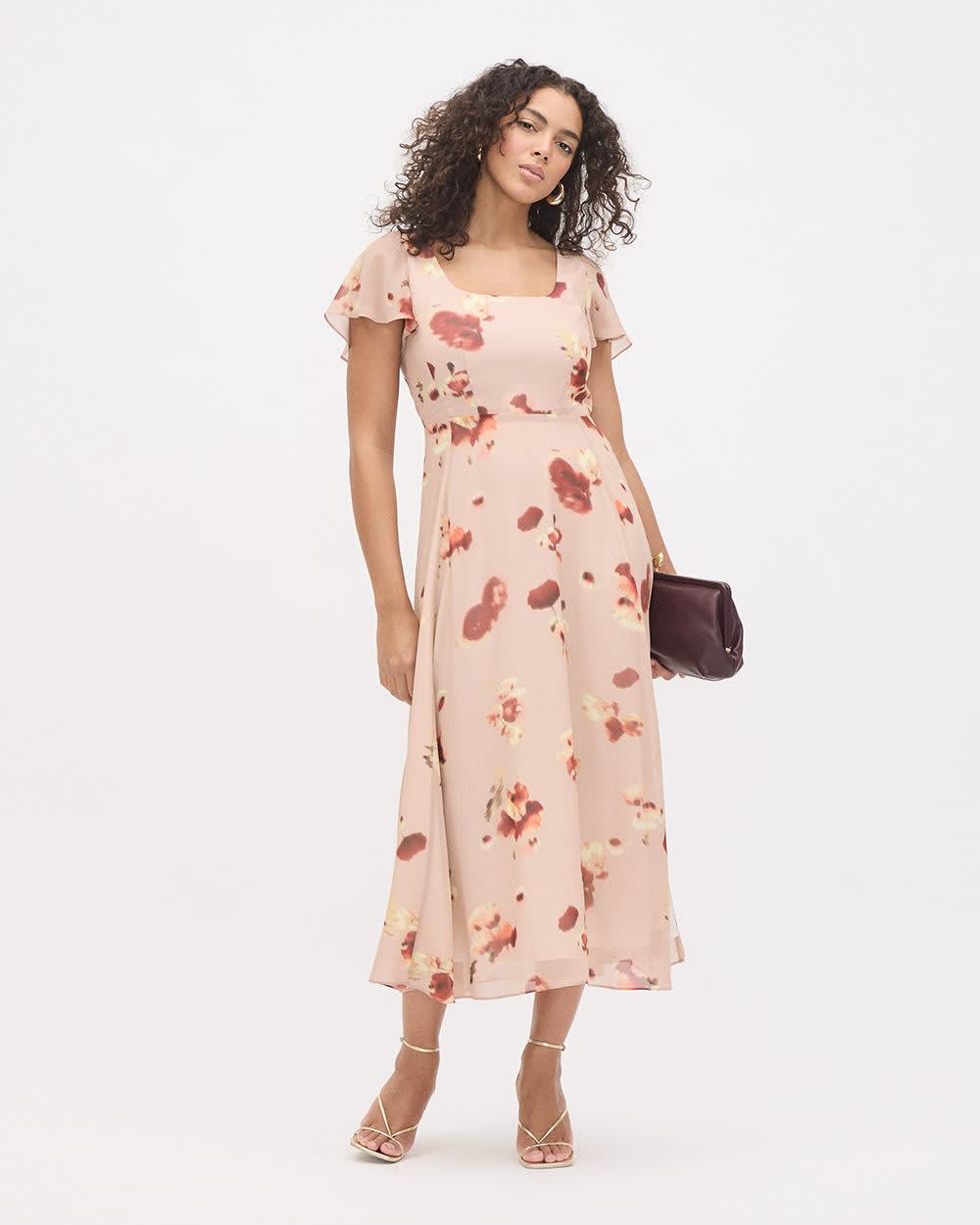 Short-Sleeve Midi Cocktail Dress with Square Neckline