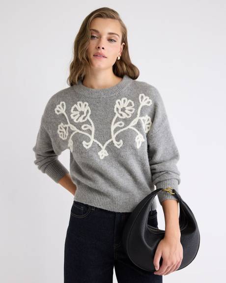 Long-Sleeve Crew-Neck Sweater with Flower Appliqués